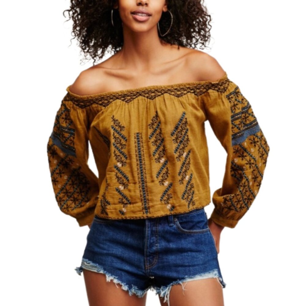 Free People All I Need Off The Shoulder Embroidered Long Sleeve CropTop  Size XS